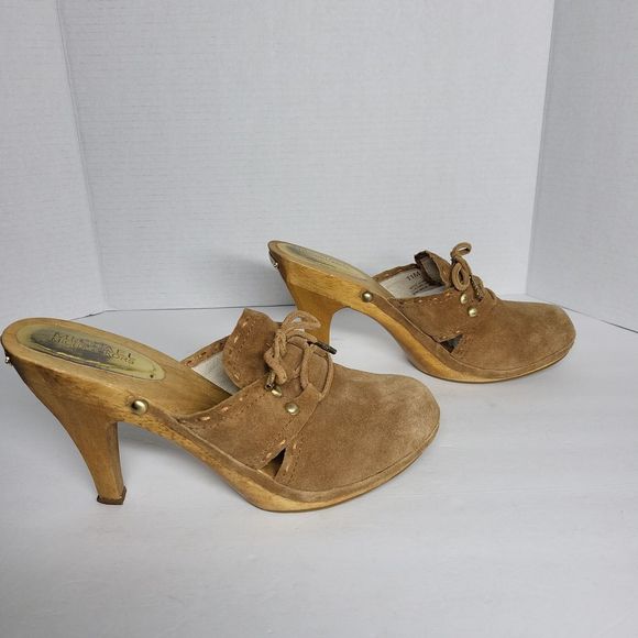 Michael Kors Brown Suede Leather & Wood Slide Heel Platform Mules Size 11 M - Picture 4 of 9